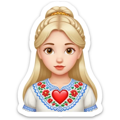 beautiful young girl wearing a white Ukrainian embroidered shirt with a big heart sticker