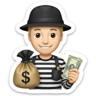 robber with 4 lines of black and white striped shirt and he has a money bag in his hand and a robber hat and he is smiling and he is white sticker