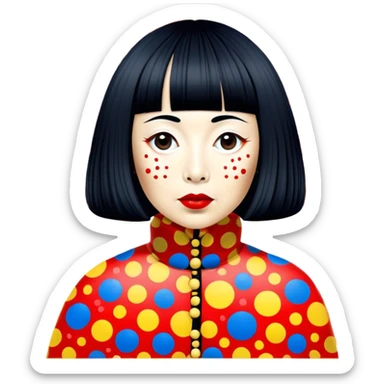 Yayoi Kusama – Cinematic Realistic Portrait of old Japanese artist Yayoi Kusama, depicted as an avant-garde artist with an eccentric, captivating expression surrounded by her iconic polka dot patterns, rendered with vivid textures and imaginative lighting that evokes her unique, surreal creative world. sticker