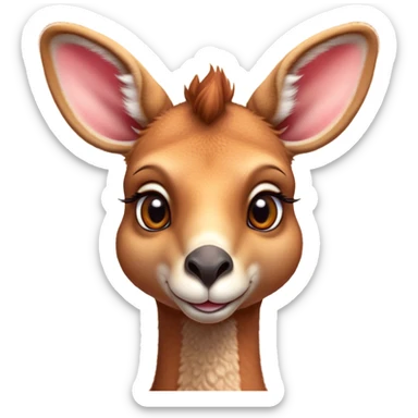 Cinematic Cute Adult Red Kangaroo Portrait Emoji, Head tilted playfully and inquisitively, showcasing a charming, robust build with soft reddish fur and a uniquely camel-like head featuring a gentle, elongated snout and rounded ears, with large, sparkling eyes full of wonder, Simplified yet irresistibly adorable features, highly detailed, glowing with a warm, friendly glow, high shine, affectionate and lively, stylized with a touch of outback whimsy, soft glowing outline, capturing the essence of a mischievous yet loving kangaroo that seems as if it could hop out of the screen into your arms! sticker