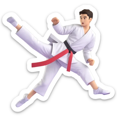 Taekwondo fighter performing a high jump kick, mid-air action, detailed dobok with belt sticker