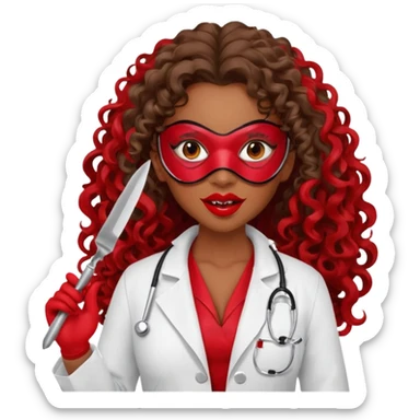 Lilith symbol seductress evil woman. She had brown long curly hair.  evil surgeon kills with scalpel wears red sexy doctor coat with red mouth mask  sticker