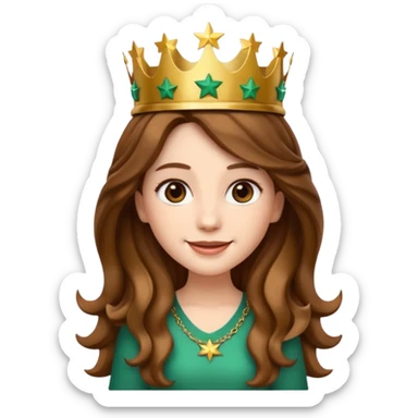Apple style 3D emoji of a young woman inspired by the Starbucks logo. She has long wavy hair on both sides, a crown with a star on her head, and a soft smile. Smooth, shiny, simple emoji look. sticker