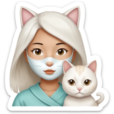 Asian girl with full facial sheet mask pack with one  white cat sticker