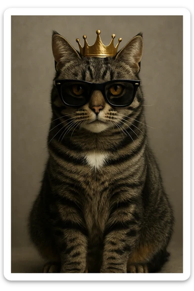 lifelike, photo-realistic Mackerel tabby cat with dark grey fur, black stripes, amber eyes, and a white patch on its chest. The cat is sitting, facing slightly forward, wearing a small golden crown and black sunglasses. Highly detailed and realistic. sticker