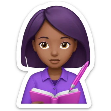 Une fille noir au cheveux lisse qui est entrain d’écrire avec un stylo rose sur un cahier violet sticker