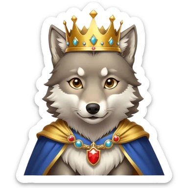 A majestic wolf wearing a golden crown and royal cape sticker