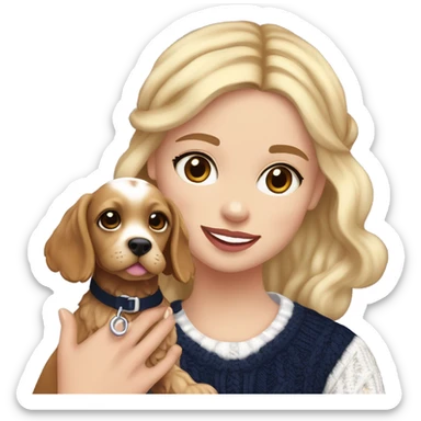 A blonde girl with brown eyes, pinkish brownish lipstick ￼wearing a navy blue headband and a navy blue and white cable knit fair isle jumper. In her arms she is holding a golden brown cocker spaniel girl puppy who had a pink collar around her neck. sticker