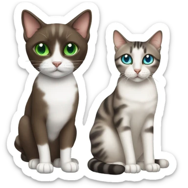 Dark Brown and white tabby cat with green eyes and a Siamese blue eyed cat sticker
