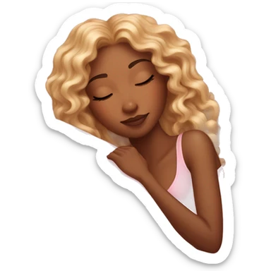 gorgeous brown skin woman with long blonde curly hair sleeping on pink princess bed sticker