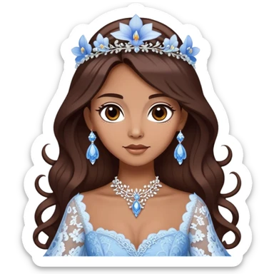 enchantress with brown eyes and tanned skin and long chocolate brown hair wearing a embellished winter blue and white lace gown with orchid tiara sticker