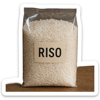 photo realistic transparent bag with rice grains, visible label with the word 'riso' in Italian on the image sticker