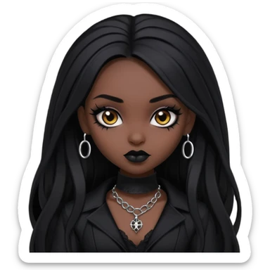 dark skin, goth bratz baddie, beautiful brown eyes, gothic black makeup, long black hair, black gothic hair styled, black goth clothes sticker