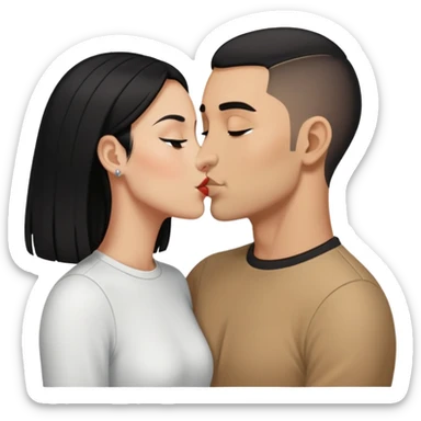 1 Tan girl with long black hair kissing same skintone man with evenly buzzcut black hair both wearing white sticker