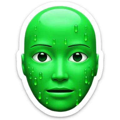 Emoji inspired by The Matrix film, glowing green terminal code forming a face, digital rain backdrop, hacker cyberpunk aesthetic, high contrast black and green, cinematic sci-fi lighting, ultra-sharp 3D. sticker
