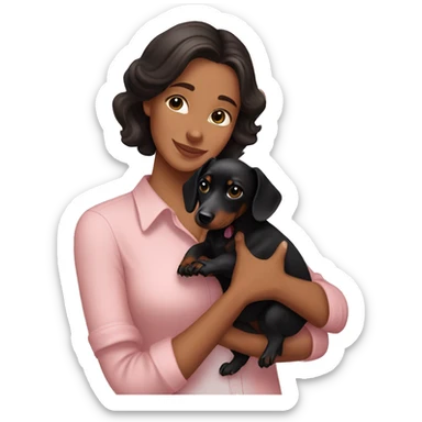a brunette woman in a light pink shirt, with light skin, holding black dachshund puppy in her arms lovingly sticker