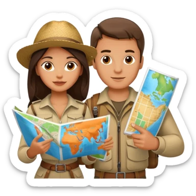 Russian man and elegant Latina girl in adventure outfits with a map planning a trip sticker