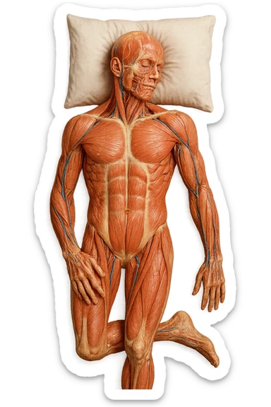 corpo umano anatomico CON TESTA SUL CUSCINO PERCHé STA DORMENDO, VISTO DALL'ALTO, iperrealistico 4k sticker