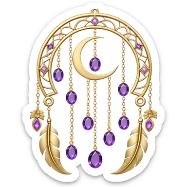 Epic beautiful gorgeous cute gold suncatcher, threads with shiny sparkly amethyst gemstones, flowers, crescents-moons, stars, gold Feathers  sticker