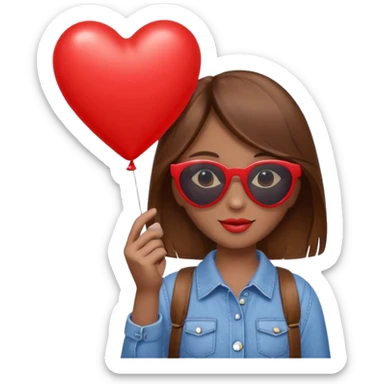 brown hair girl with sun glasses holding red heart balloon sticker