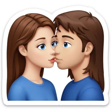 Girl with brown hair and blue eyes giving guy with brown hair and eyes a kiss sticker
