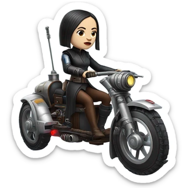 Jedi bounty hunter Wednesday Addams racing in a modern blue,red and pewter steampunk electric luxury flying speeder bike from Star Wars  sticker