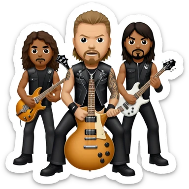 Icon for Metal Music: Metallica band four members detailed in their signature look. James Hetfield with guitar, Lars Ulrich on drums, Kirk Hammett with his electric guitar, and Robert Trujillo playing bass. Bold, energetic style, all in a heavy metal aesthetic. Transparent background. sticker