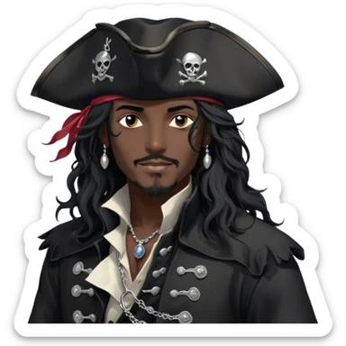 A charismatic pirate with wavy black hair tousled by the sea breeze. His black tricorn hat, embroidered with silver, casts a shadow over his confident features. Dark eyes glint with mischief as he gazes to the side, a knowing smile on his lips. His fitted black coat, adorned with silver buttons. A silver chain dangles from his belt sticker