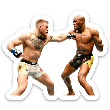 An MMA showdown between Conor McGregor and Anderson Silva in the octagon. McGregor is executing a powerful jumping strike, while Silva is expertly blocking the attack with his forearm. The background features the UFC octagon, fans in the distance, and dynamic action. Transparent background sticker