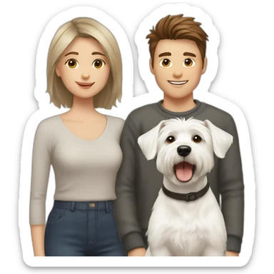 family photo included west highland white terrier boy 21 years old with short haircut and girl 24 years old with brown hair sticker