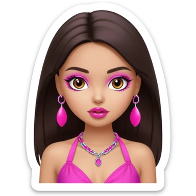 generate a pretty fair bratz girl with dark brown eyes, dark brown hair straight long. Wearing a hot pink halter neck top.  pink lipgloss sticker
