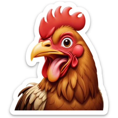 Cinematic Cute Yawning Brown Rooster Portrait Emoji, Head tilted slightly with a dramatic, wide-open yawn, showcasing a soft, downy brown plumage with a subtle red comb and drooping wings, round warm eyes barely open in drowsy contentment, Simplified yet irresistibly adorable features, highly detailed, glowing with a soft, cozy glow, high shine, relaxed yet expressive, stylized with a touch of whimsy, bright and endearing, soft glowing outline, capturing the essence of a sleepy yet affectionate rooster, so drowsy it feels like it could stretch out of the screen and curl up for a nap! sticker