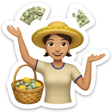 baskets, some overflowing with money, others with colombian arepas in the background a very happy person ridiculously throwing money around sticker