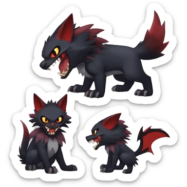   cool edgy fantasy anime-style dark animal vampiric Litten-Zoroark-Nargacuga-cat-hybrid Fakemon with big fangs and bat-ears full body sticker