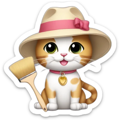 Kawaii cat artist in hat holding palette and brush so it can be used as a mouse cursor sticker