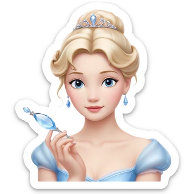 Cinematic Realistic Cinderella Portrait, depicted with lifelike skin texture, subtle rosy undertones, and soft natural lighting that enhances the gentle contours of her face. Her intricately detailed golden blonde hair is elegantly styled in an updo, with delicate wisps framing her face. Her deep, expressive blue eyes radiate warmth and sincerity, reflecting a quiet resilience and grace. She holds a glass slipper gently in one hand, her other hand resting gracefully at her side, emphasizing the timeless beauty of the moment. She is dressed in her iconic ball gown, the fabric shimmering with intricate embroidery and fine translucent layers that catch the light beautifully. The soft sheen of satin gloves adds a magical touch to her graceful pose. The portrait features an enchanting glow with a natural, luminous finish, seamlessly blending realism and fairytale charm to evoke a sense of depth, elegance, and timeless beauty. sticker