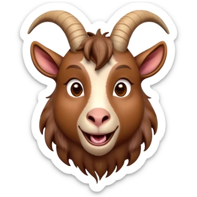 Cinematic Comical Brown Goat Portrait Emoji, Head tilted dramatically with an exaggeratedly amused expression, featuring a sleek brown fur with distinct, quirky curved horns, wide, expressive eyes filled with playful disbelief, Simplified yet hilariously expressive features, highly detailed, glowing with a slightly sassy glow, high shine, dramatic yet playful, stylized with an air of cheeky mischief, bright and endearing, soft glowing outline, capturing the essence of a spirited and over-the-top goat, so meme-worthy it feels like it could side-eye its way into internet fame instantly! sticker