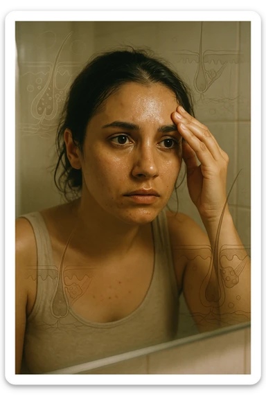 A realistic, cinematic portrait of a young woman in her late 20s with medium skin tone, sitting in front of a mirror in a softly lit bathroom. Her facial skin appears oily with a noticeable shine on her forehead, nose, and cheeks due to overactive sebaceous glands caused by PCOS. Small acne spots are visible along her jawline and chin, highlighting hormonal imbalance. She gently touches her forehead with her fingertips, checking the oiliness with a slightly concerned expression. Her dark hair is tied loosely, showing a few strands sticking to the sides of her face because of excess sebum. Subtle overlays of scientific diagrams of sebaceous glands can be softly blended into the background, symbolizing the overproduction of sebum. The atmosphere is clean and realistic, with warm daylight tones and a soft depth of field, ensuring emotional connection while maintaining medical educational value. 35mm film style, highly detailed skin texture and reflections on the oily areas for a hyperrealistic effect in italiano sticker