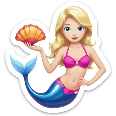 mermaid woman with blonde hair and blue eyes a pink bikini top and hot pink tail holding a shell sticker