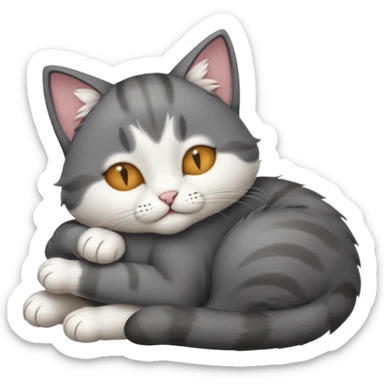 dark grey and white small cat with his eyes closed lying down leaning on its elbow with its paw curled under its head holding it up sticker