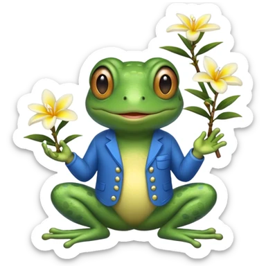 Frog with blue clothes and plumeria flowers sticker