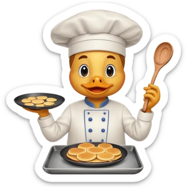 A chef duck wearing a tiny apron, making pancakes on a pan sticker