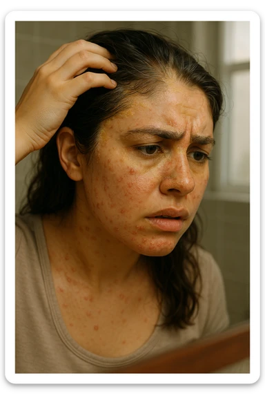 A highly realistic, cinematic close-up portrait of a young woman in her late 20s with medium skin tone, displaying visible folliculitis and seborrheic dermatitis. Small, red, inflamed follicular papules and pustules are scattered along her hairline, jawline, and upper neck, indicating folliculitis. Her scalp and areas around the nose and eyebrows show flaky, greasy yellowish scales, with redness and irritation, indicating seborrheic dermatitis. Her hair appears slightly greasy and clumps near the scalp, emphasizing excess sebum production. She gently touches her irritated scalp with concern while looking at herself in a softly lit bathroom mirror, expressing discomfort and frustration. The environment is neutral and clean, with daylight softly illuminating the scene to highlight the skin and scalp texture. The style is 35mm hyperrealistic, with warm neutral tones and shallow depth of field to maintain focus on her skin, inflammation, and emotional expression, visually explaining the physical discomfort and aesthetic concerns of living with folliculitis and seborrheic dermatitis sticker