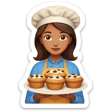 Baking community woman avatar in vibrant style illustration. Pie, cookie, and muffin warm golden tones, simple shapes, flat design, high contrast. sticker