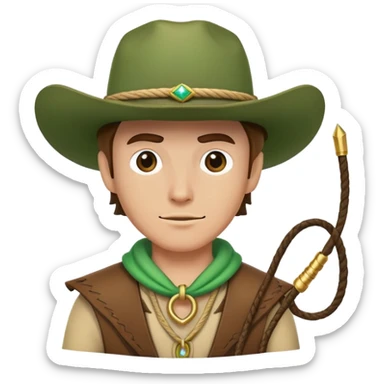Cowboy character wearing a green hat with a lasso sticker