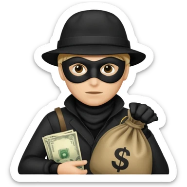 A emoji of a person wearing a robber outfit and a black hat and a black mask and a Money Bag sticker