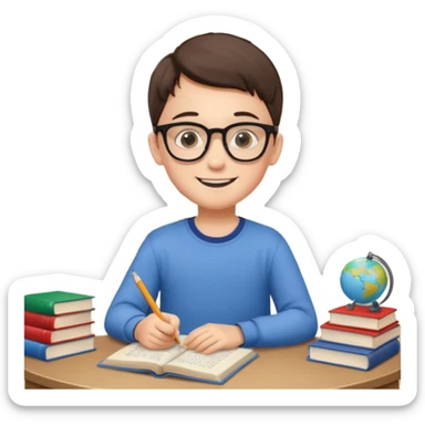 un niño de entre 3 - 10 años estudiando ingles, un destello de luz o colores más vivos para el niño que estudia en su habitacion feliz  sticker