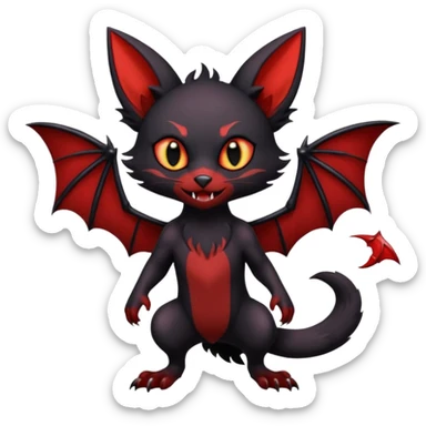 Vampiric Batty Black and Sanguine-red Noibat-Litten-Torracat-Lykoi-hybrid-fusion (full body) with big fangs, and bat-wings for ears sticker