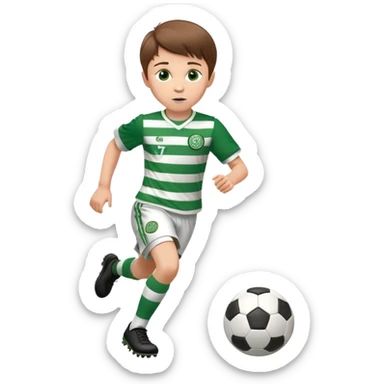 Celtic footballer jersey logo  6 years old brown hair white boy , brown eyes , stripes uniform , RUNNING  with soccer ball # 17 celtic football logo PUT ONLY ONE LOGO ONE CELTIC LOGO ONLY  sticker