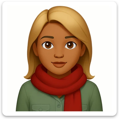 Edit the image of a girl with wheatish complexion, light green shirt, and jeans to change the scarf color to red. Keep the rest of the image the same. The original style is emoji style, so maintain a simple and clean emoji-like appearance. sticker